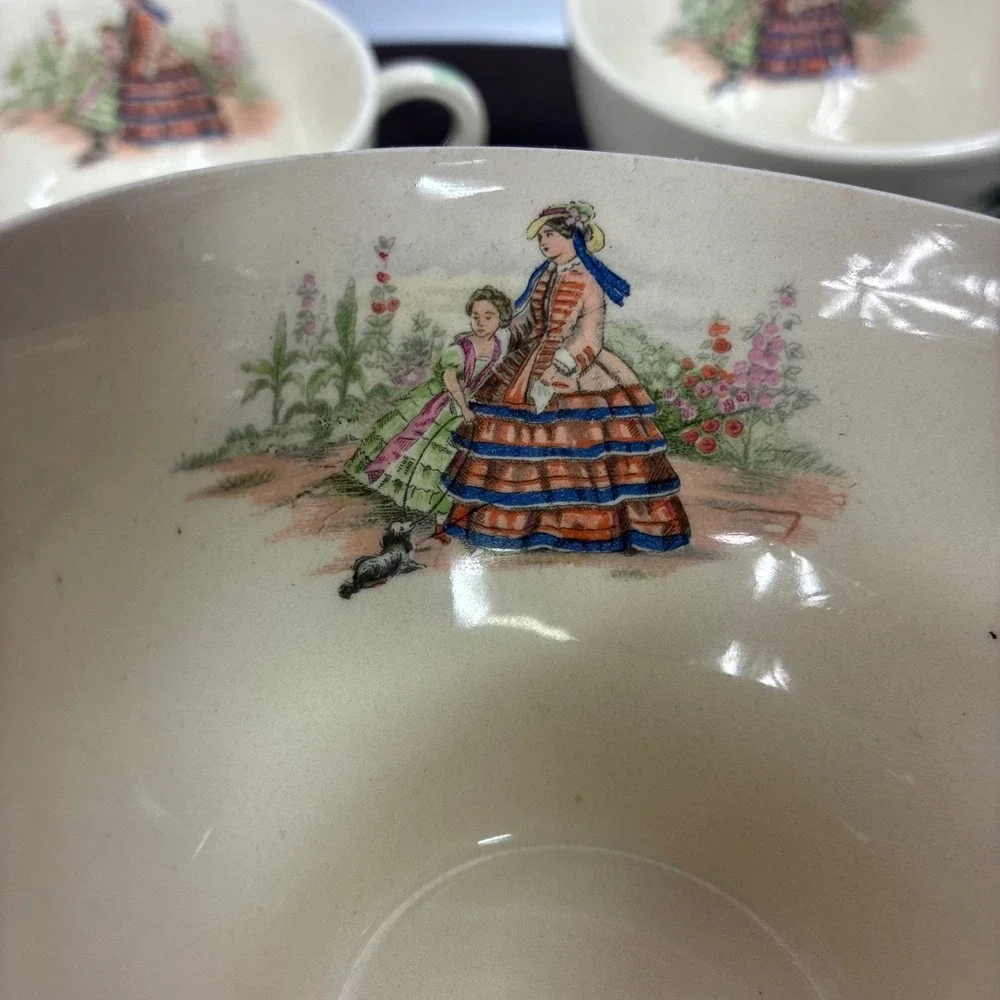 Vintage Salem China Godey Prints Demitasse Teacups Victory Ribbed Shape Set of 4